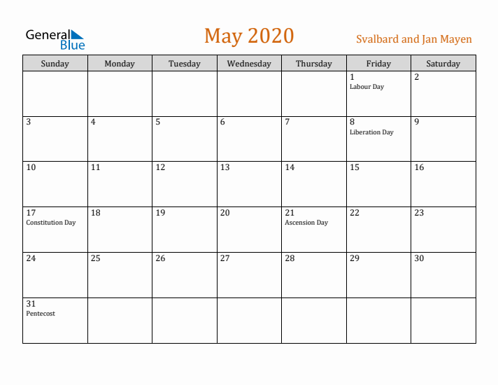 May 2020 Holiday Calendar with Sunday Start