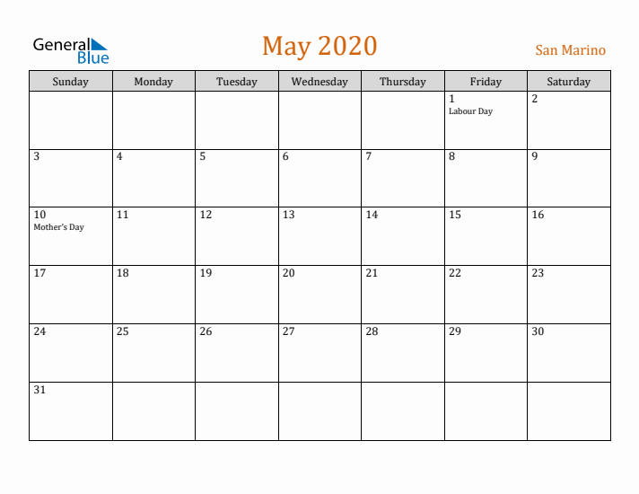 May 2020 Holiday Calendar with Sunday Start