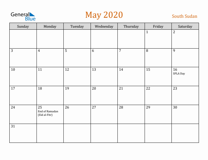 May 2020 Holiday Calendar with Sunday Start