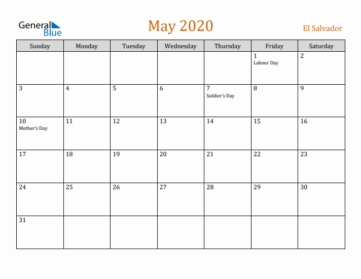 May 2020 Holiday Calendar with Sunday Start