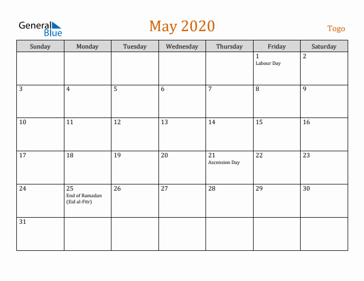 May 2020 Holiday Calendar with Sunday Start