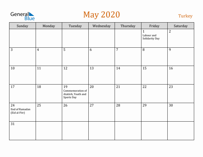 May 2020 Holiday Calendar with Sunday Start