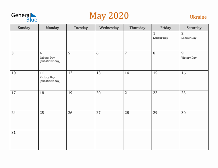 May 2020 Holiday Calendar with Sunday Start