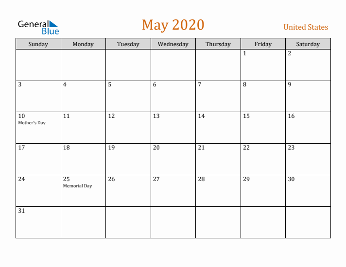 May 2020 Holiday Calendar with Sunday Start