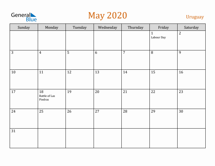 May 2020 Holiday Calendar with Sunday Start