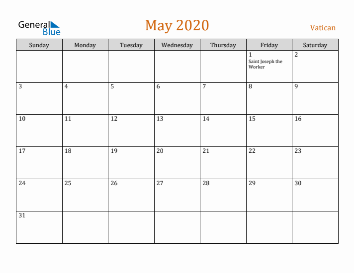 May 2020 Holiday Calendar with Sunday Start