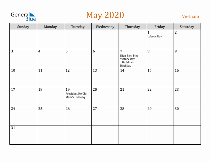 May 2020 Holiday Calendar with Sunday Start