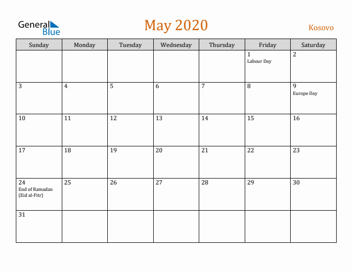 May 2020 Holiday Calendar with Sunday Start