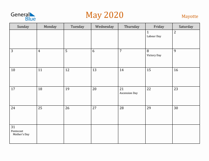 May 2020 Holiday Calendar with Sunday Start