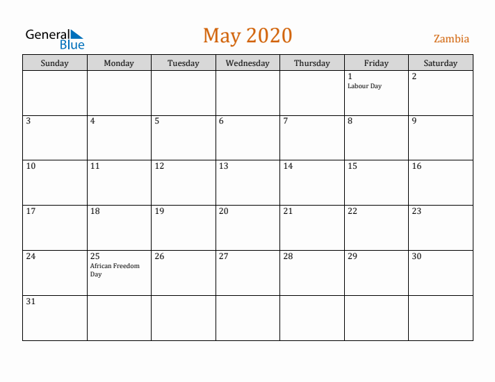 May 2020 Holiday Calendar with Sunday Start