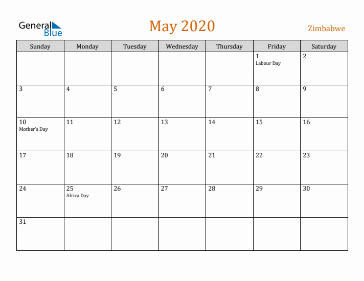 May 2020 Holiday Calendar with Sunday Start