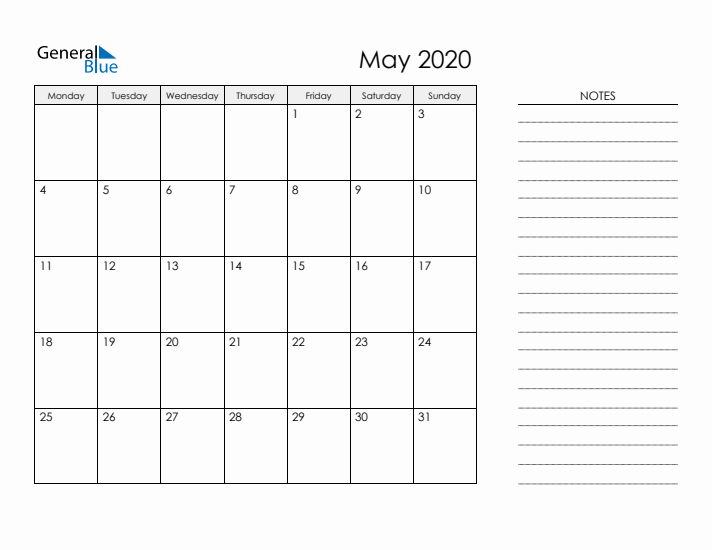 Printable Monthly Calendar with Notes - May 2020