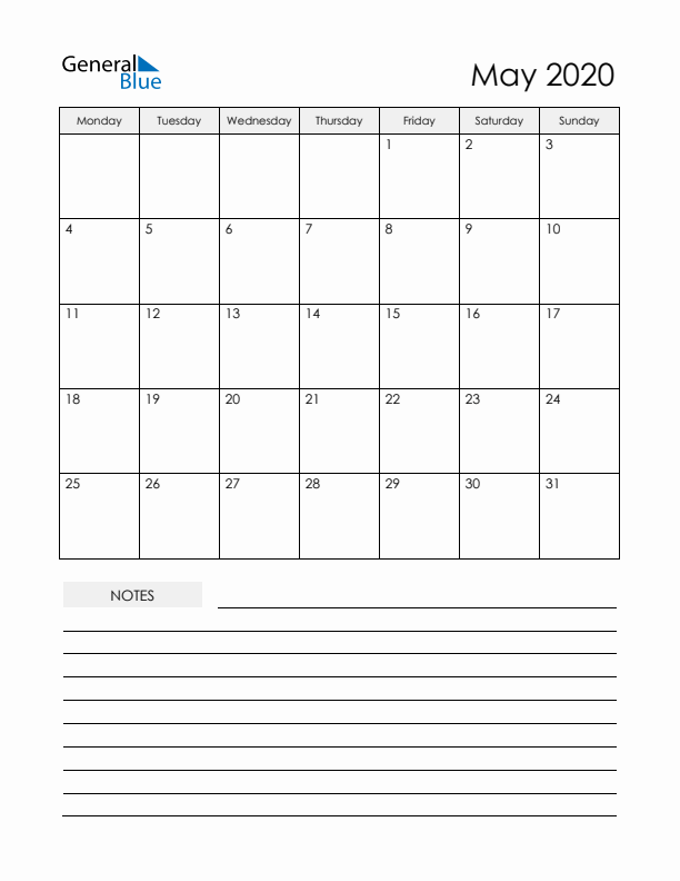 Printable Calendar with Notes - May 2020 