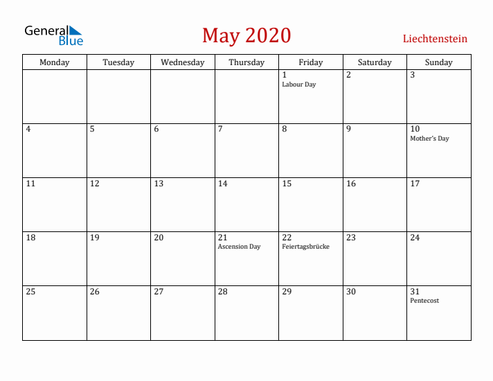 Liechtenstein May 2020 Calendar - Monday Start