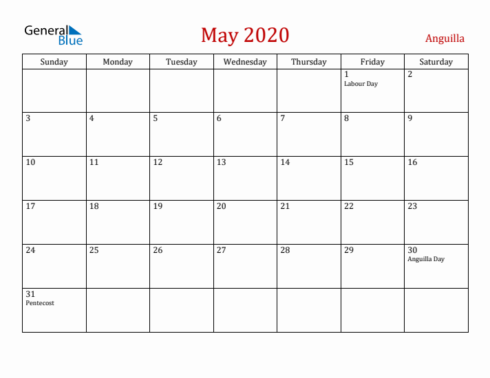 Anguilla May 2020 Calendar - Sunday Start