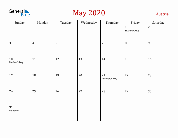 Austria May 2020 Calendar - Sunday Start