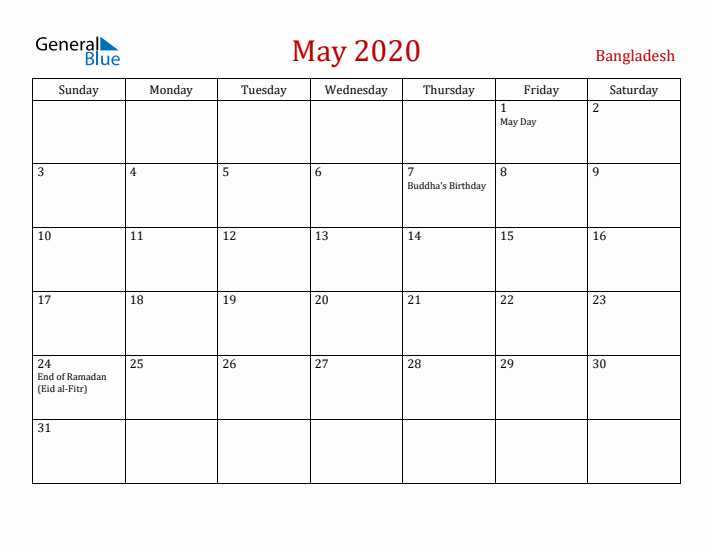 Bangladesh May 2020 Calendar - Sunday Start