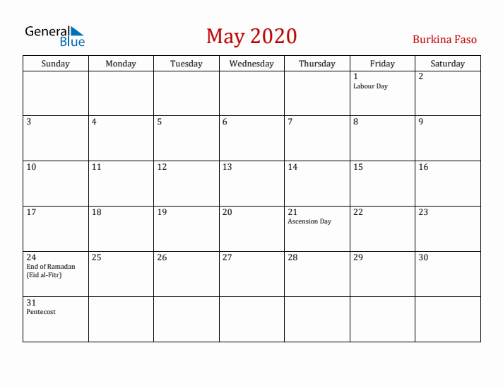 Burkina Faso May 2020 Calendar - Sunday Start