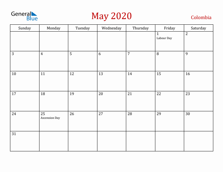 Colombia May 2020 Calendar - Sunday Start