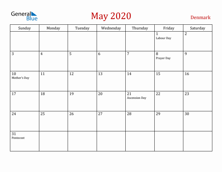 Denmark May 2020 Calendar - Sunday Start