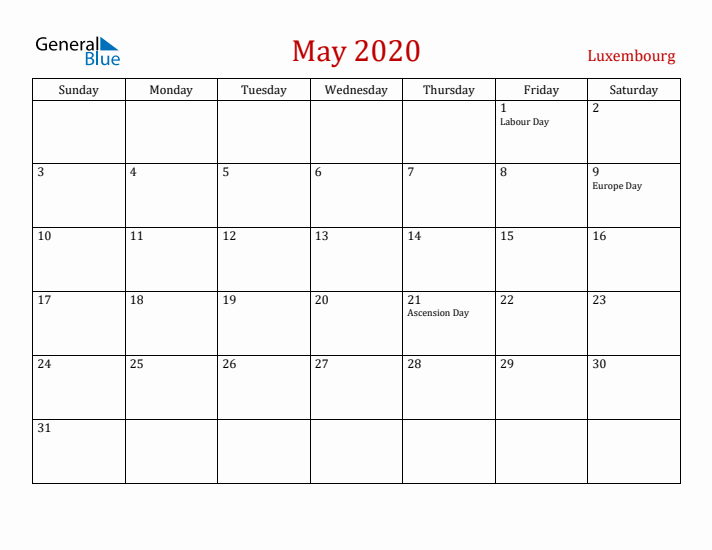 Luxembourg May 2020 Calendar - Sunday Start