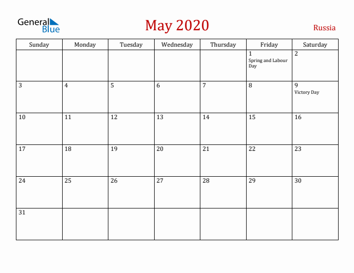 Russia May 2020 Calendar - Sunday Start