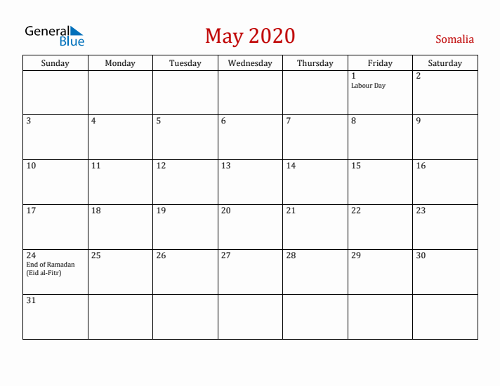 Somalia May 2020 Calendar - Sunday Start