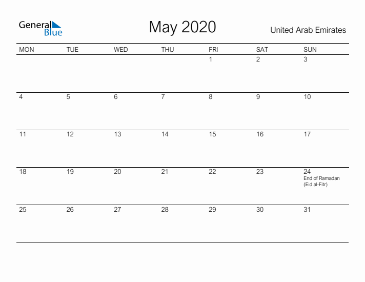 Printable May 2020 Calendar for United Arab Emirates