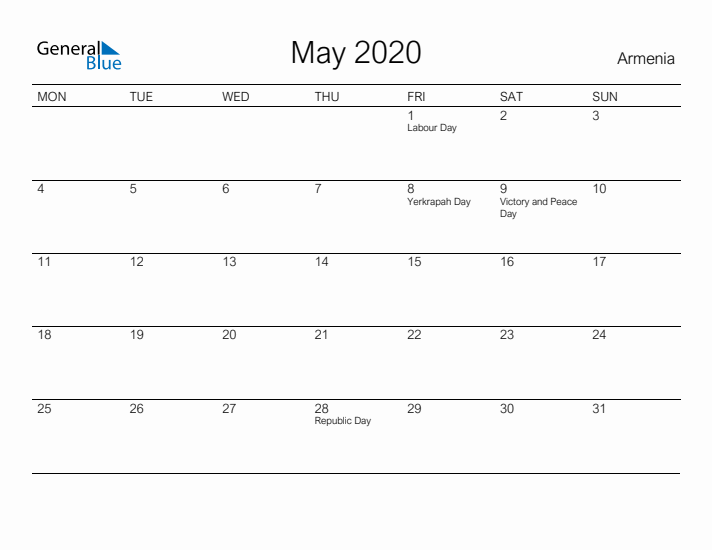 Printable May 2020 Calendar for Armenia