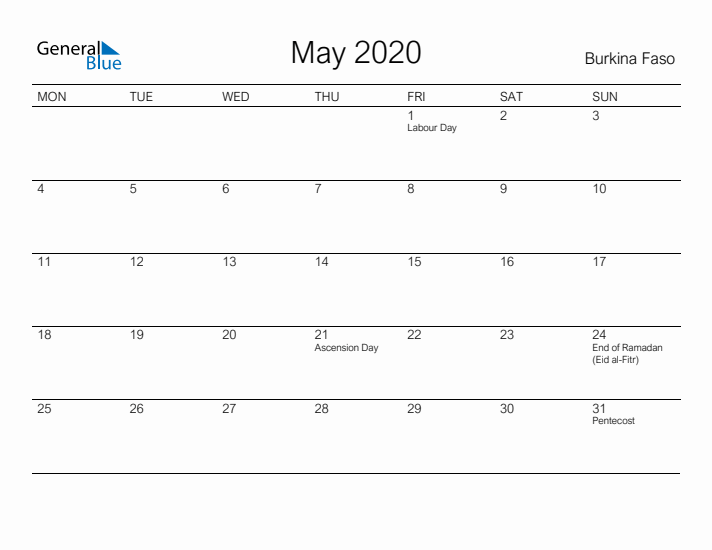 Printable May 2020 Calendar for Burkina Faso