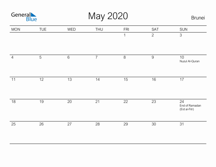 Printable May 2020 Calendar for Brunei