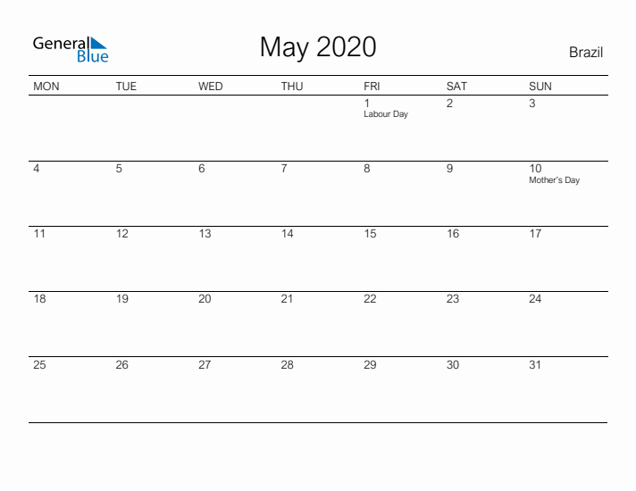 Printable May 2020 Calendar for Brazil