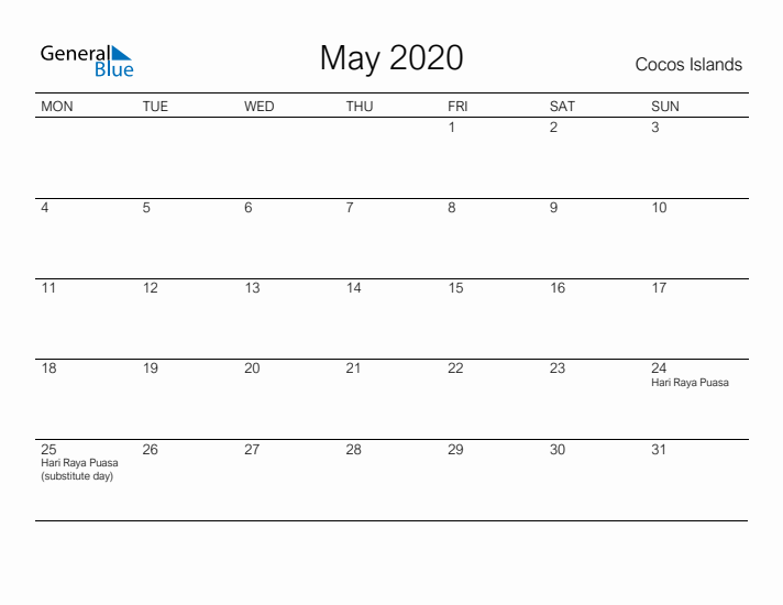 Printable May 2020 Calendar for Cocos Islands