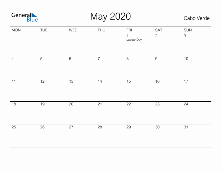 Printable May 2020 Calendar for Cabo Verde