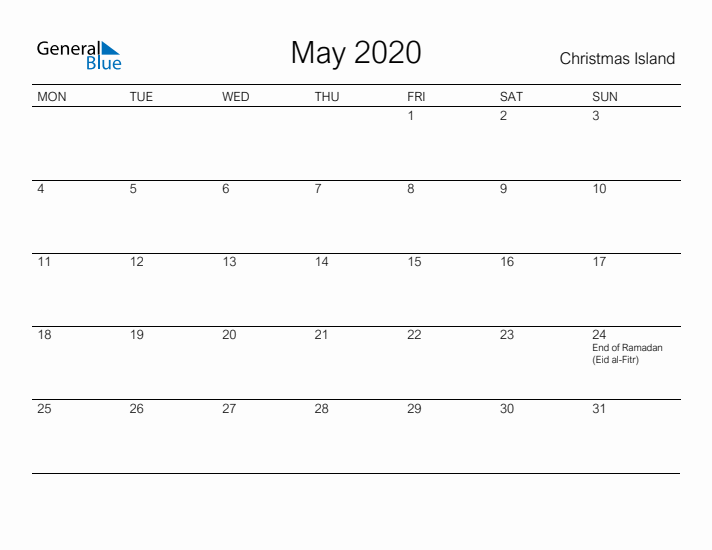 Printable May 2020 Calendar for Christmas Island