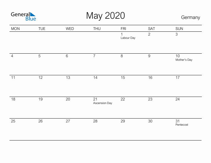 Printable May 2020 Calendar for Germany