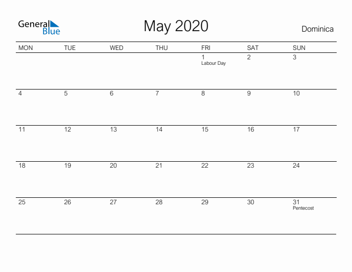 Printable May 2020 Calendar for Dominica