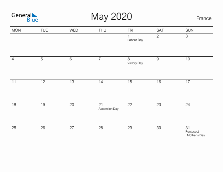 Printable May 2020 Calendar for France