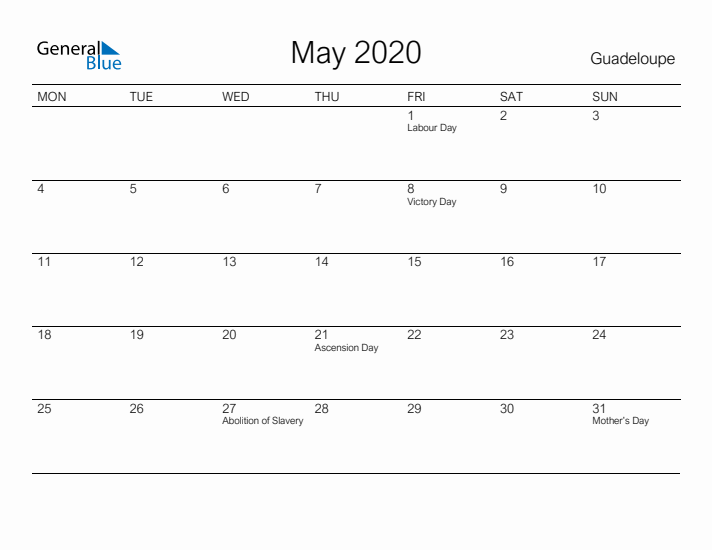 Printable May 2020 Calendar for Guadeloupe