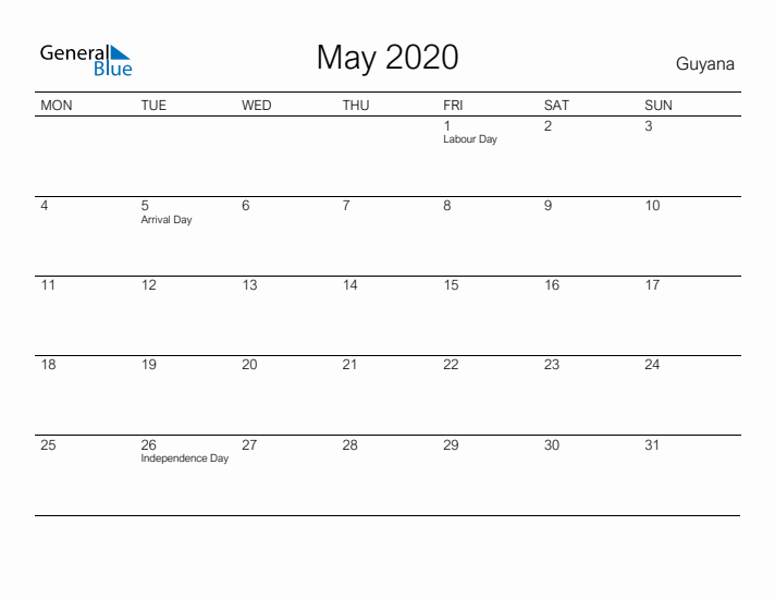 Printable May 2020 Calendar for Guyana