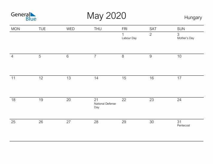 Printable May 2020 Calendar for Hungary