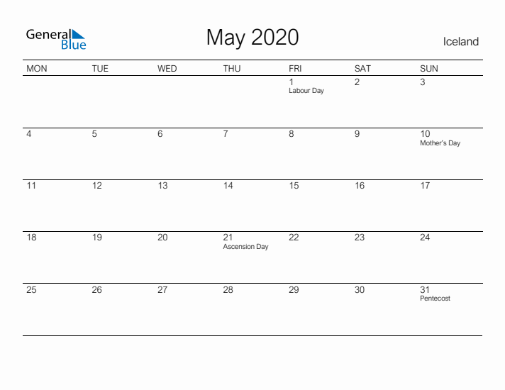 Printable May 2020 Calendar for Iceland