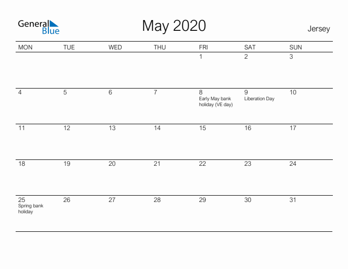 Printable May 2020 Calendar for Jersey