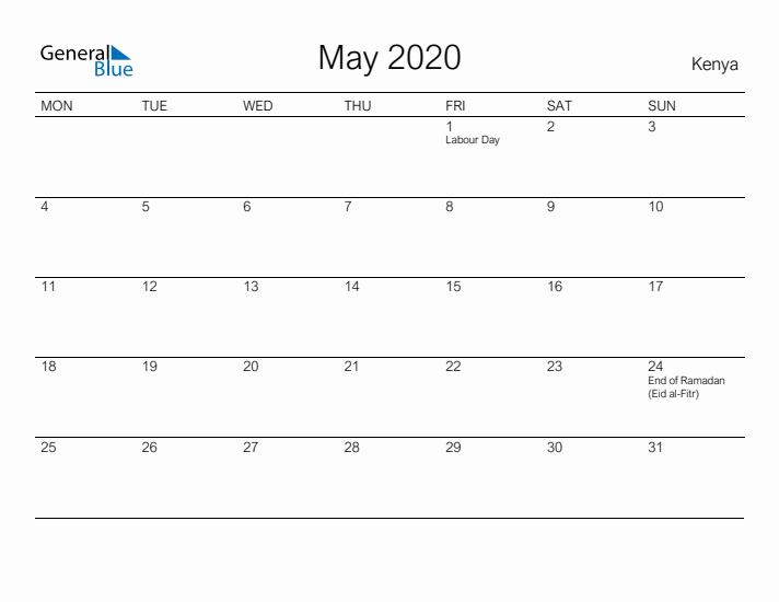 Printable May 2020 Calendar for Kenya