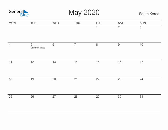 Printable May 2020 Calendar for South Korea