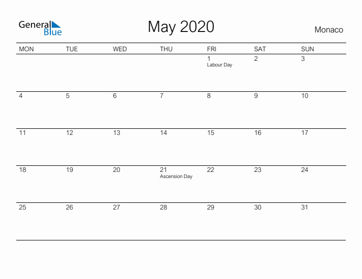 Printable May 2020 Calendar for Monaco