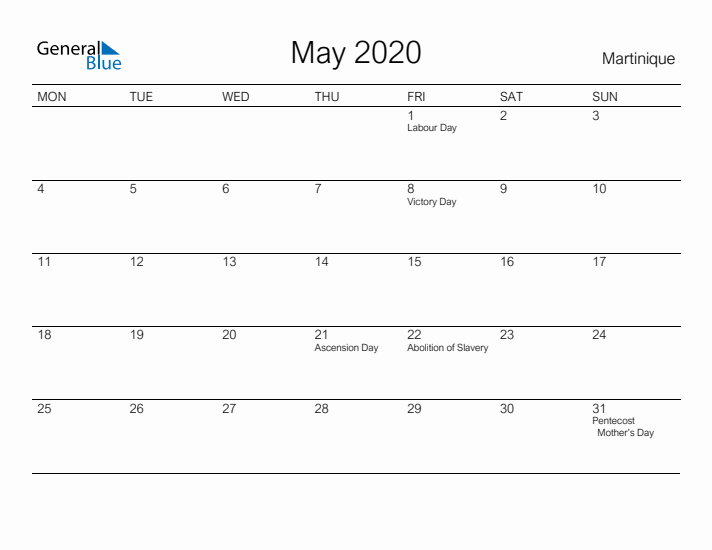 Printable May 2020 Calendar for Martinique