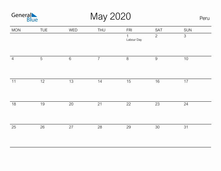 Printable May 2020 Calendar for Peru