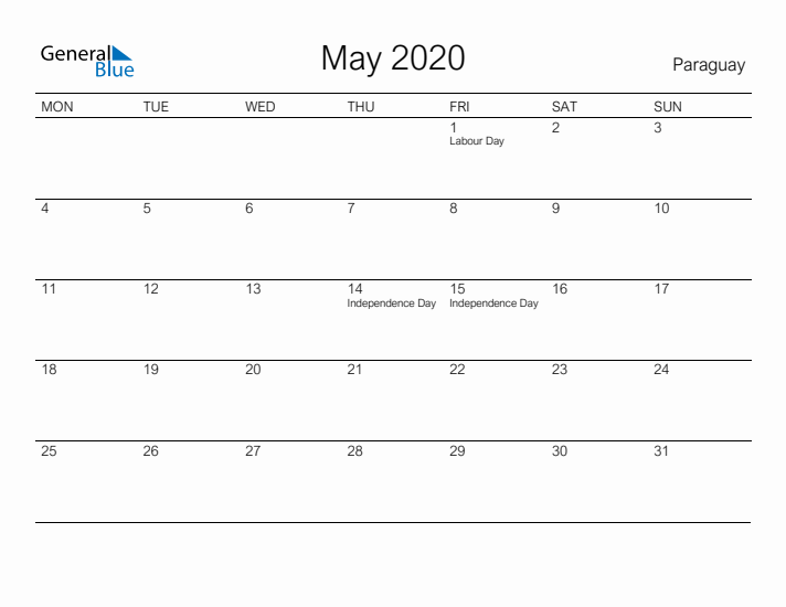 Printable May 2020 Calendar for Paraguay