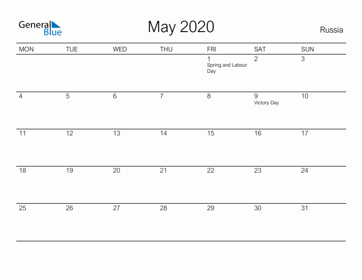 Printable May 2020 Calendar for Russia